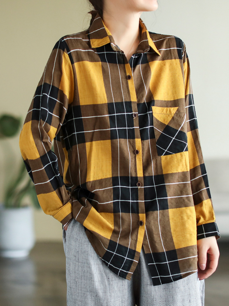 Long Sleeve Lapel Plaid Loose Causal Shirt Dress 3