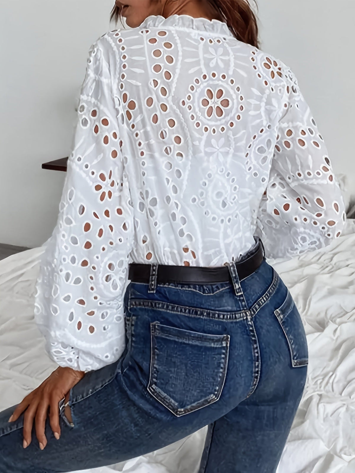 Eyelet Broderie V-Neck Long Sleeve Button Blouse 3