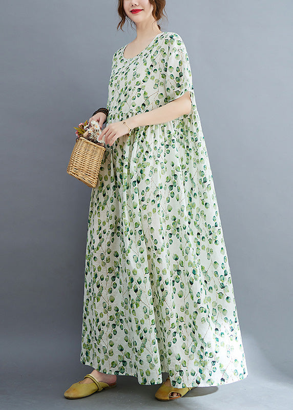 Leaf Print Round Neck Short Sleeve Empire Waist Oversized Maxi Dress - View 4