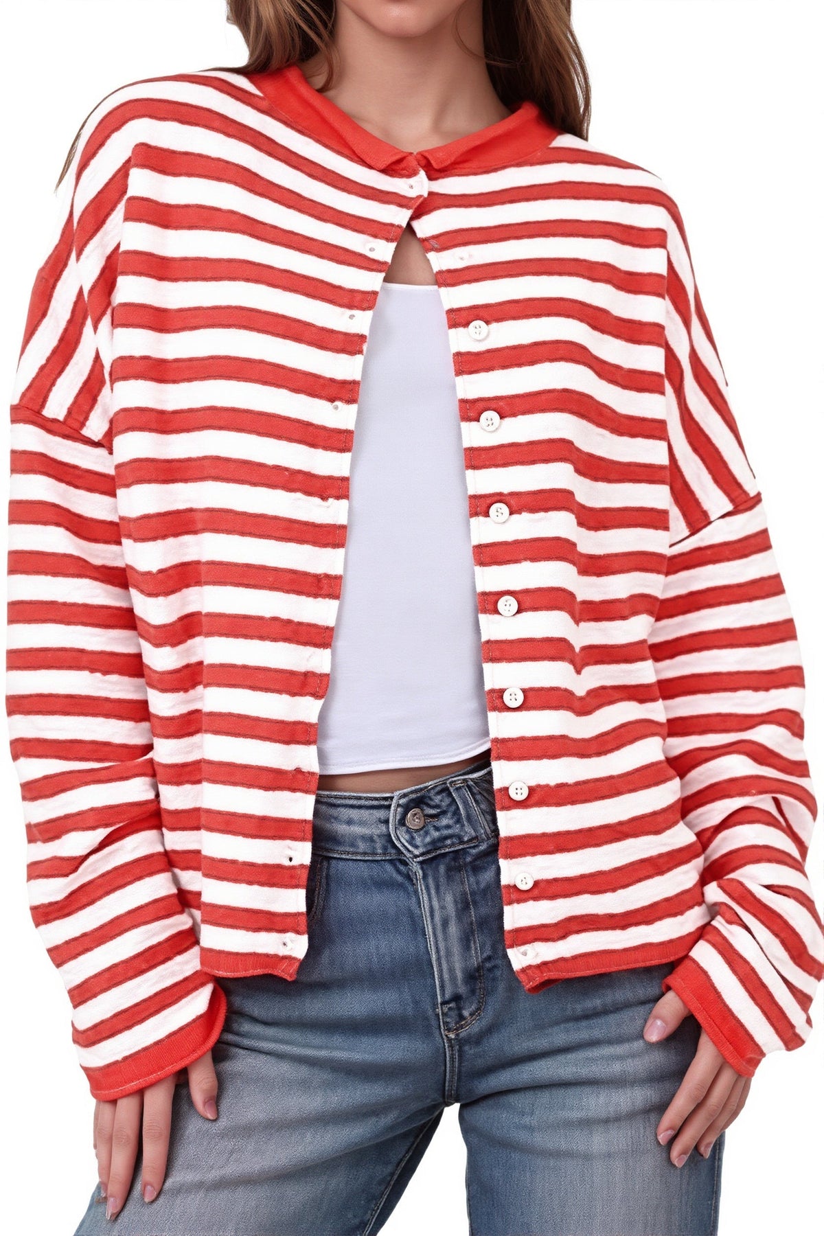 Neutral Stripe Crew Neck Button Knit Cardigan
