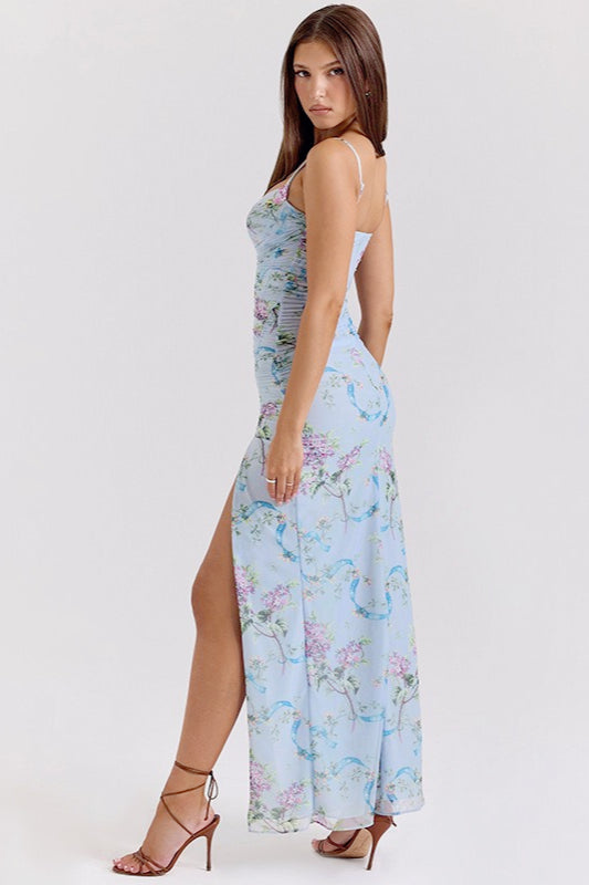 Floral Spaghetti Strap Ruched High Split Slip Maxi Dress - View 3