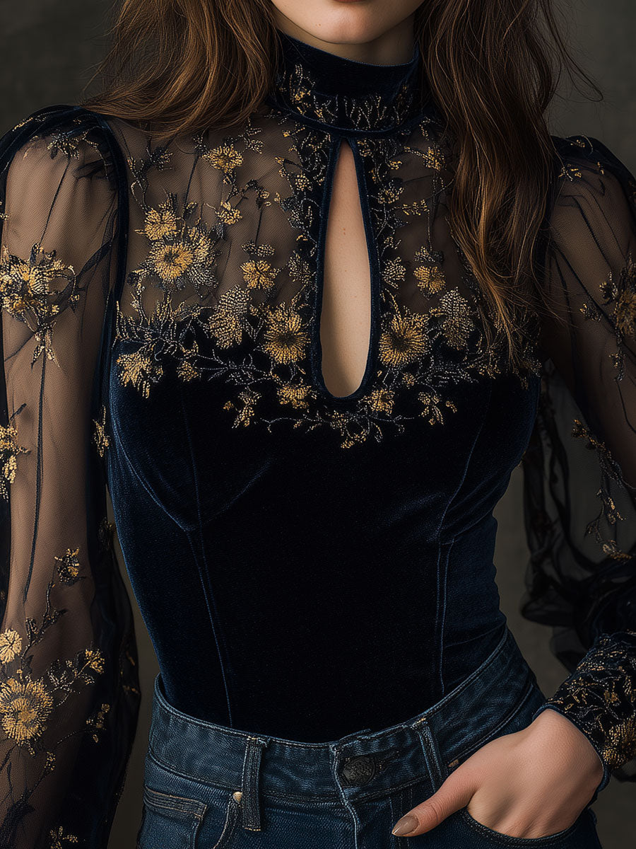 Retro Velvet Embroidered Mesh Stitching Blouse - Fashionpara