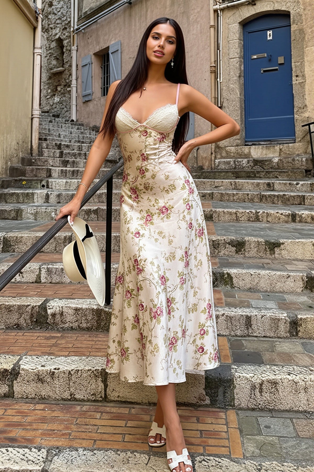 Floral Satin Lace Trim Bias Slip Midi Dress