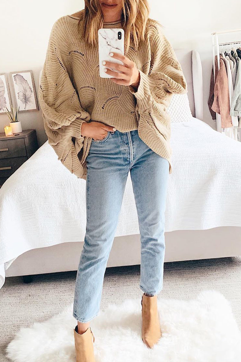 Lantern Sleeve Wide Neck Loose Sweater  Fashionpara