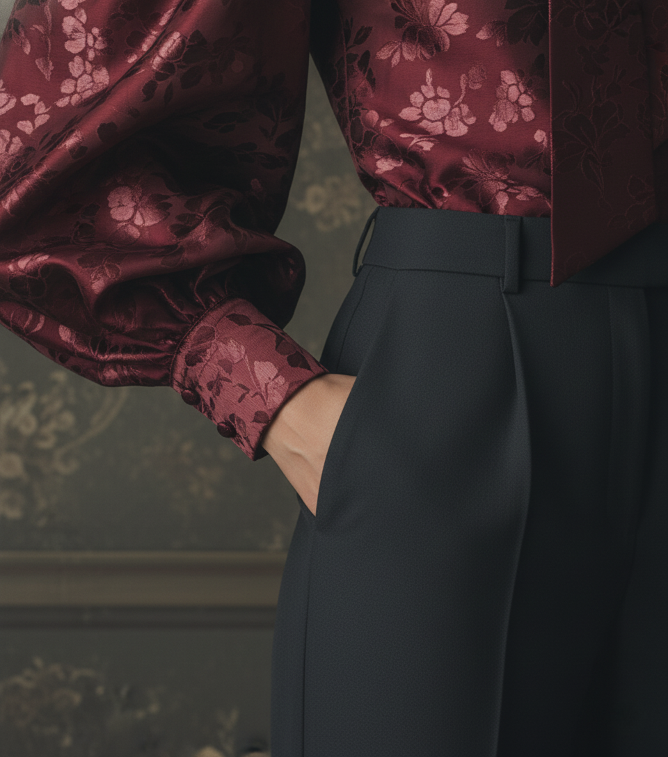 The Crimson Damask Puff-Sleeve Blouse - Fashionpara