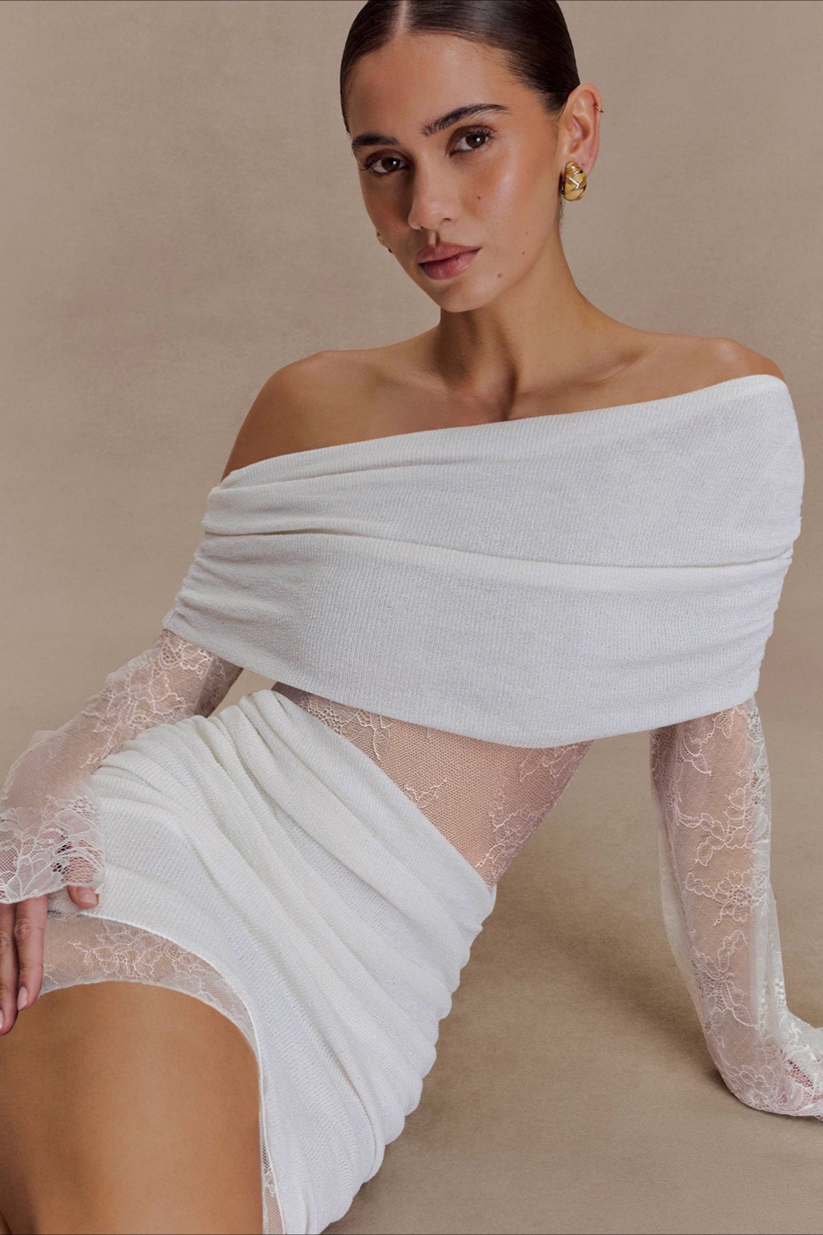 One Shoulder Lace Sleeve Ruched Mini Dress 4