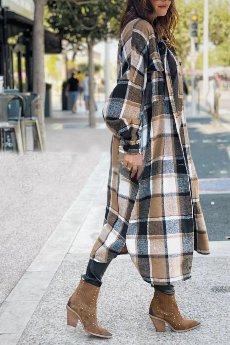 Lapel Plaid Slit Long Woolen Coat