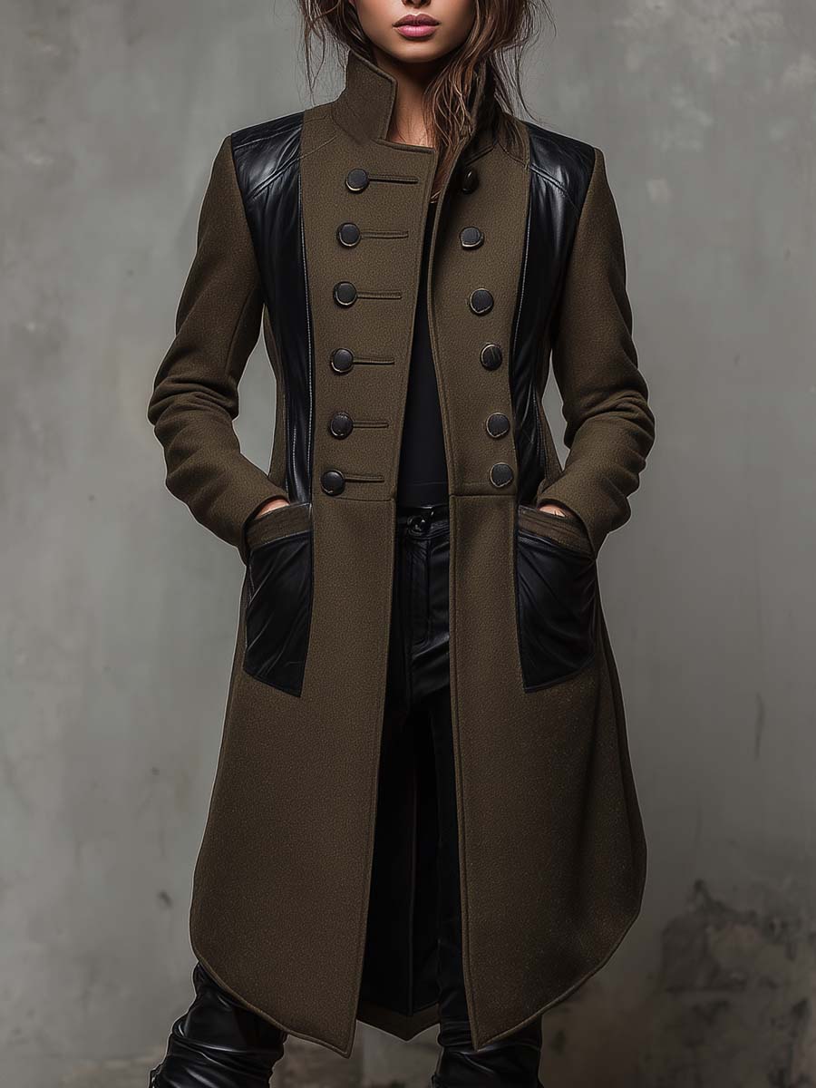 Military Green Long Coat With Black Contrast Panels - Fashionpara