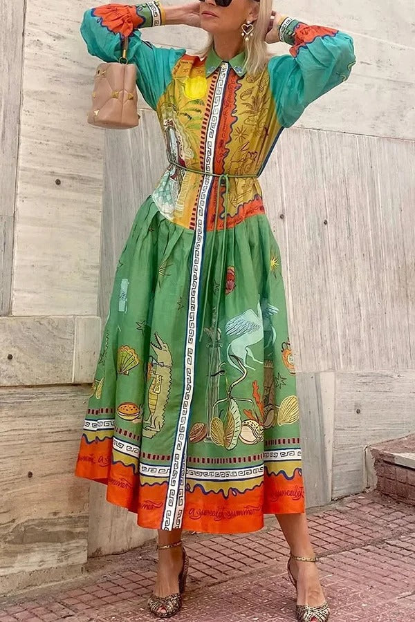 Puts A Smile Unique Print Lapel Lantern Sleeve Waist Tie Midi Dress - Fashionpara