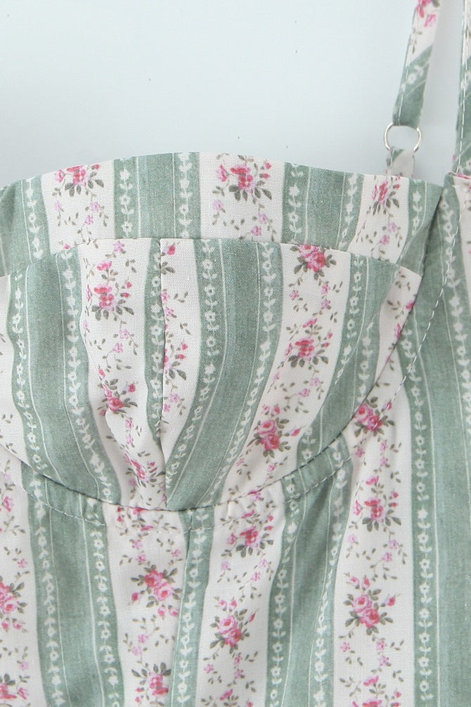 Floral Striped Corset Sweetheart A-Line Midi Dress 6