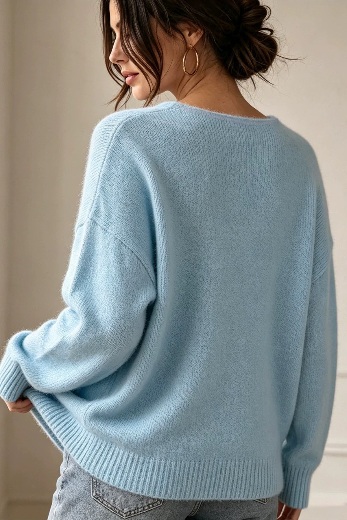 Relaxed V Neck Rib Trim Knit Sweater 2