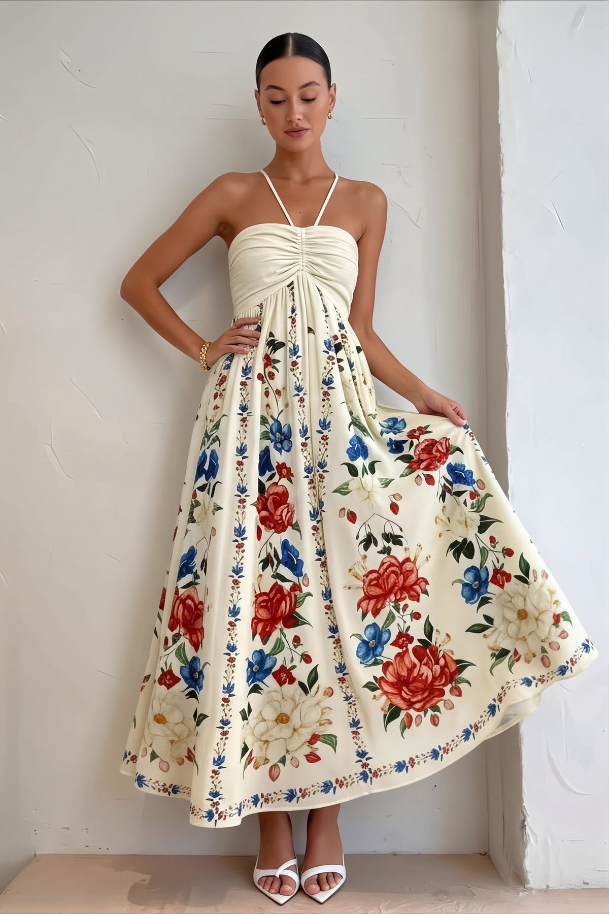 Floral Print Halter Neck Full Skirt Maxi Dress