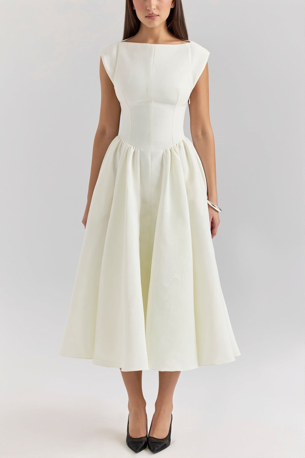 Boat Neck Cap Sleeve Fit and Flare Midi Dress