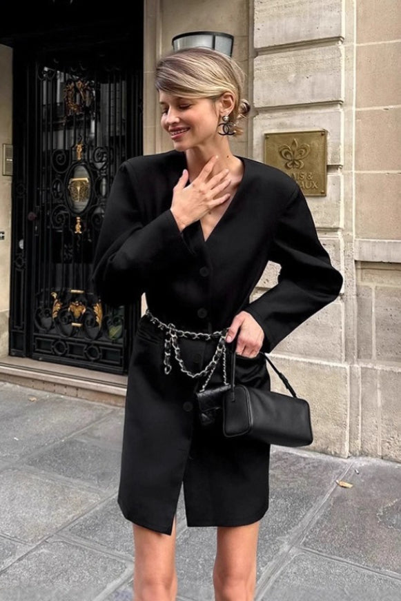 Loose Fit V Neck Blazer Coat - Fashionpara