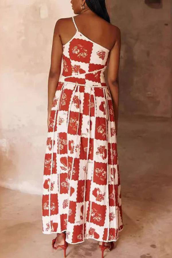 Kyoho Linen Blend Ric Rac Trims Unique Print One Shoulder Flared Maxi Dress - Fashionpara