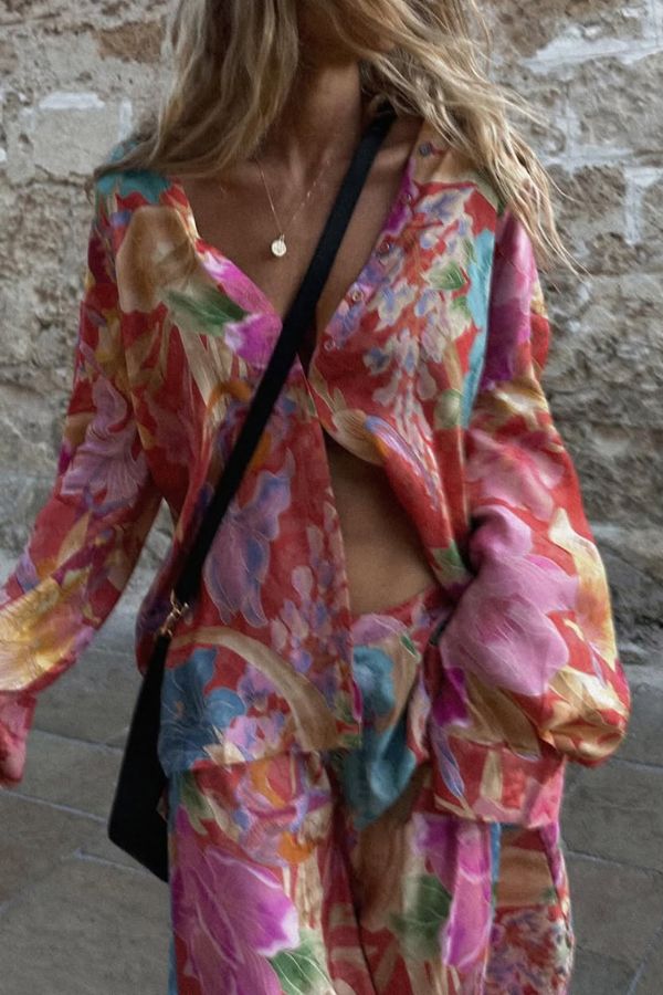 Painter's Garden Boho Floral Print Button Long Sleeve Relaxed Blouse - Fashionpara