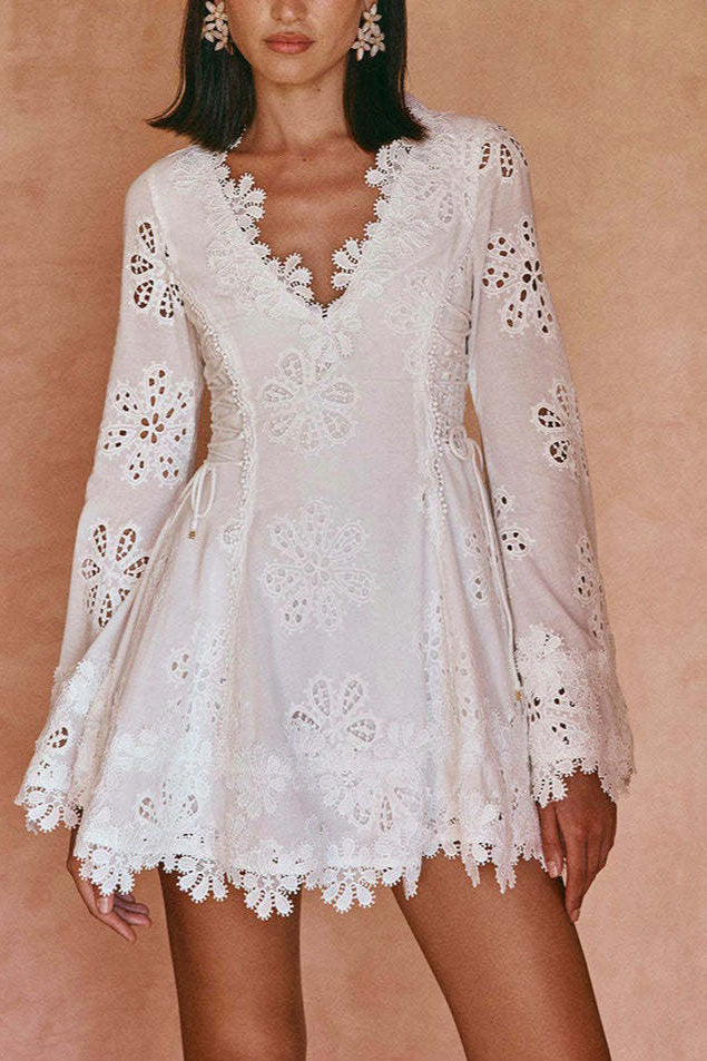 Broderie Lace V-Neck Bell Sleeve A-Line Mini Dress