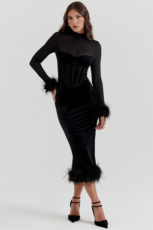 Velvet Corset Sweetheart Bodice Mesh Yoke Feather Bodycon Dress - View 4