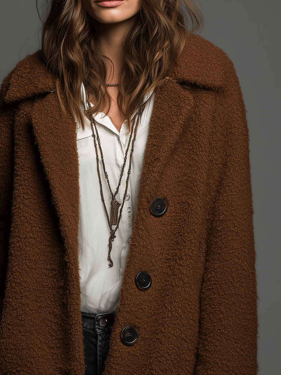 Vintage Cozy Brown Teddy Textured Coat - Fashionpara