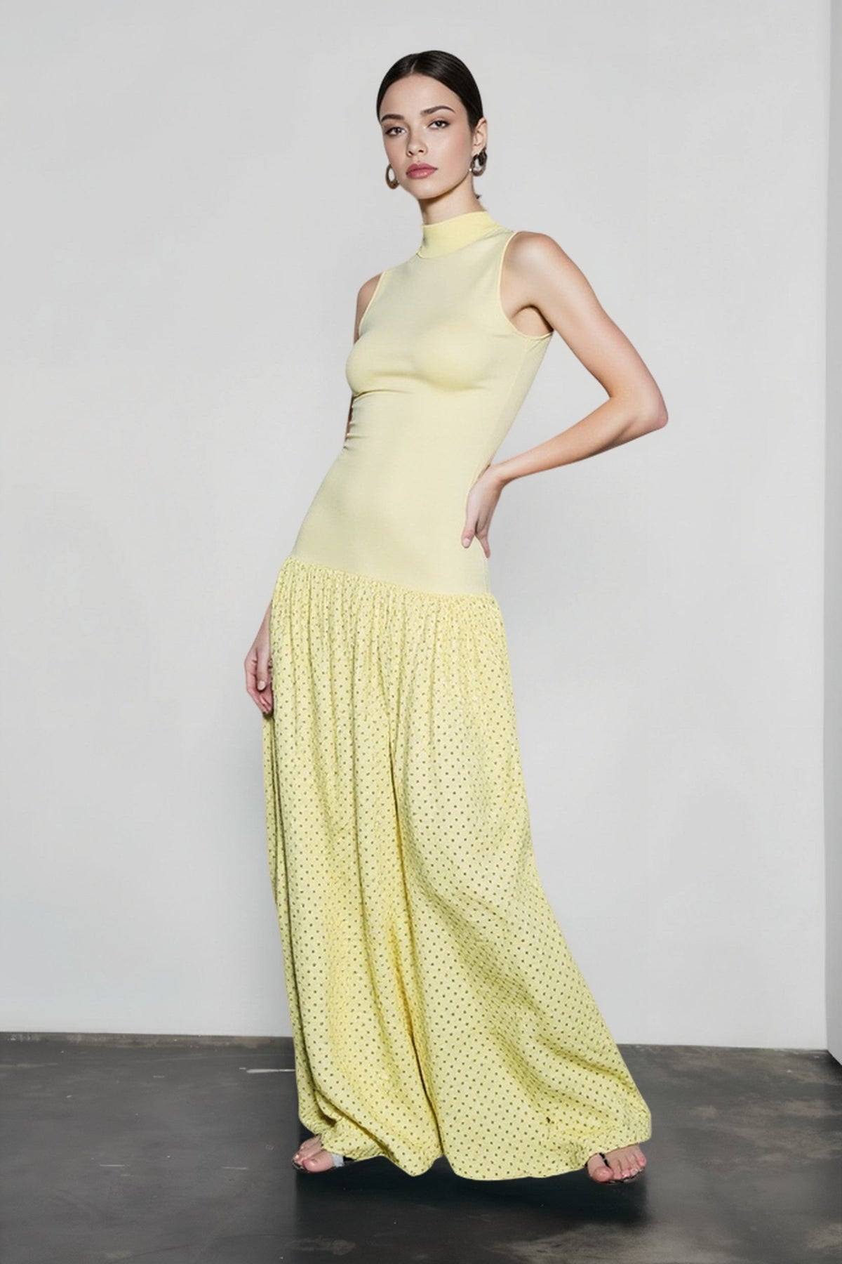 Mock-Neck Sleeveless Polka Dot Drop-Waist Maxi Dress