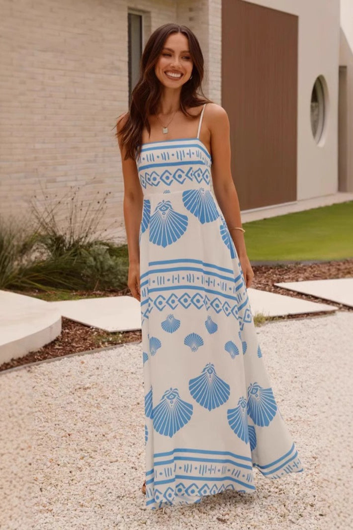 Shell Print Square Neck Sleeveless A-Line Maxi Dress
