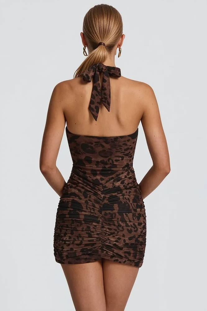 Leopard Halter Neck Deep V-Neck Ruched Mini Dress 4