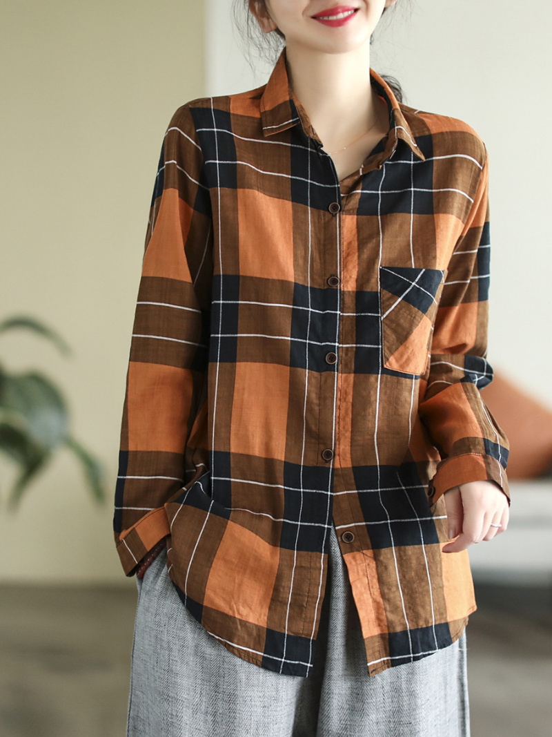 Long Sleeve Stylish Lapel Plaid Loose Causal Shirt Dress - Fashionpara