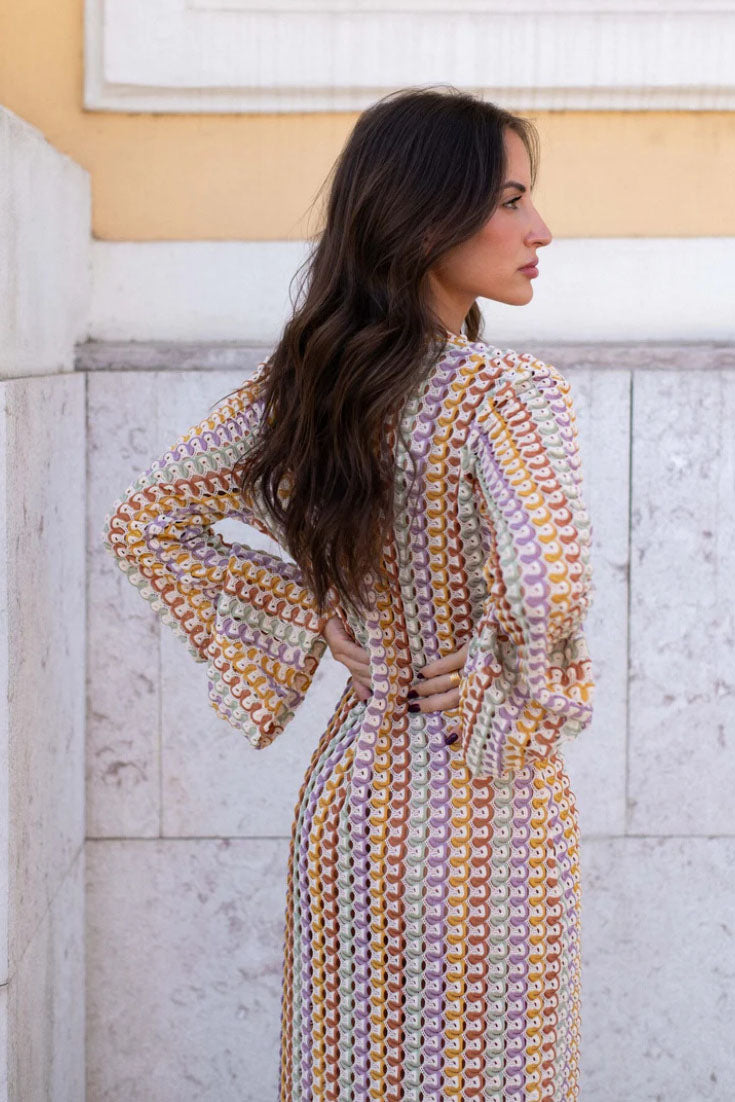 Crochet Deep V-Neck Long Sleeve Striped Boho Maxi Dress - View 6