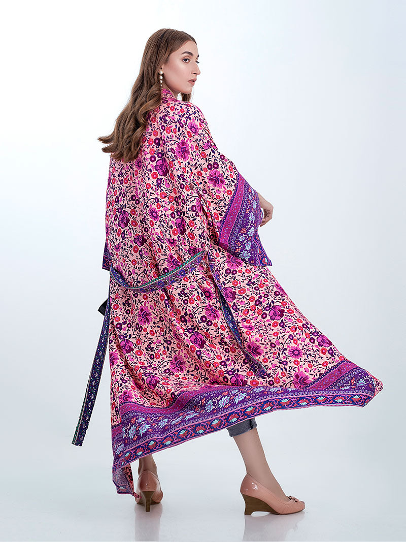 Bridal Wear Long Length Floral Print Purple Color Cotton Gown Kimono Robe - Fashionpara
