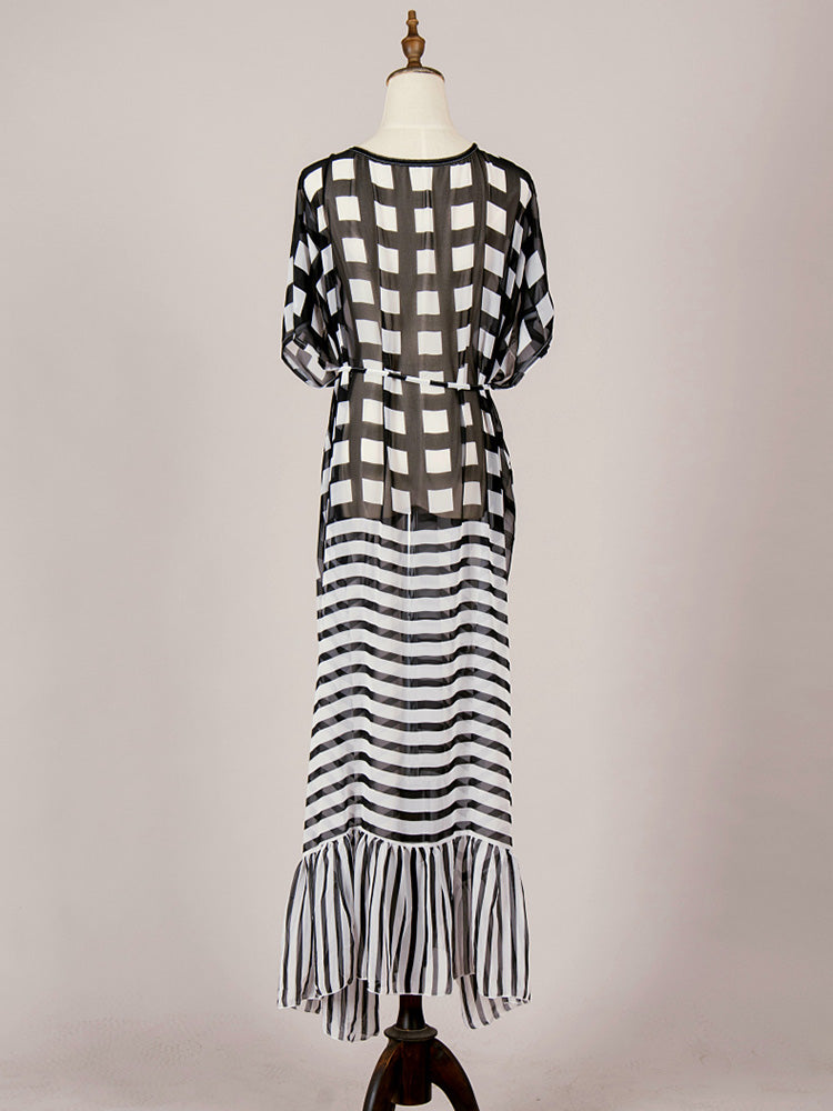 Printed Black Color Chiffon Long Length Gown Kimono Duster Robe - Fashionpara