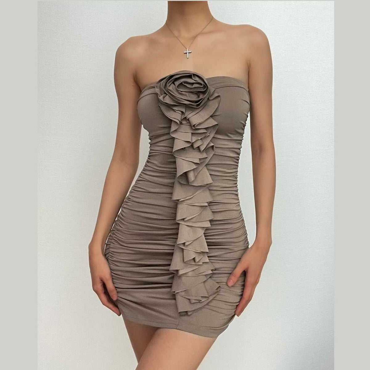 Strapless Ruched Floral Applique Ruffle Bodycon Mini Dress