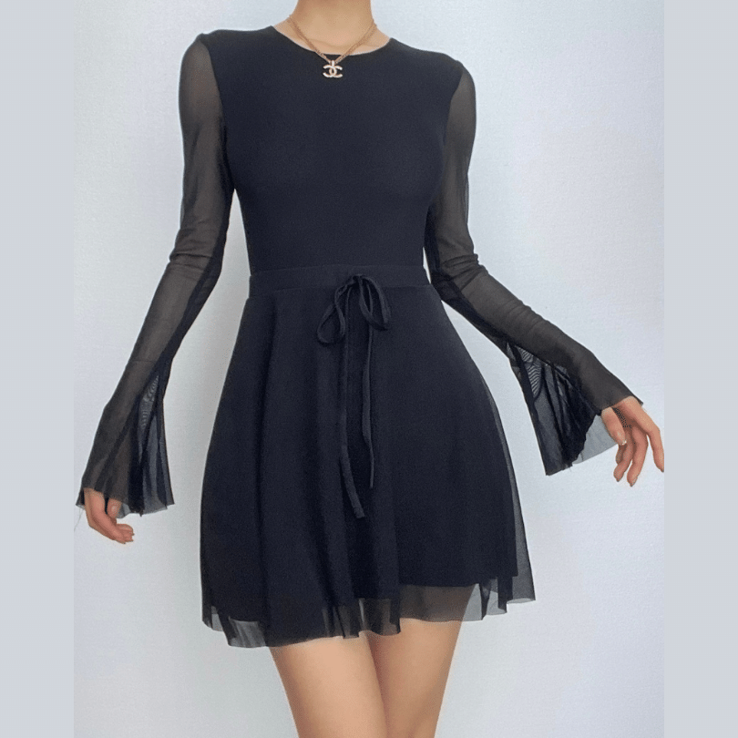 Long flared sleeve crewneck self tie mesh backless mini dress - View 2