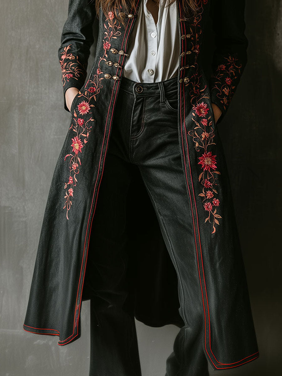 Retro Boho Floral Embroidered Black Long Coat - Fashionpara
