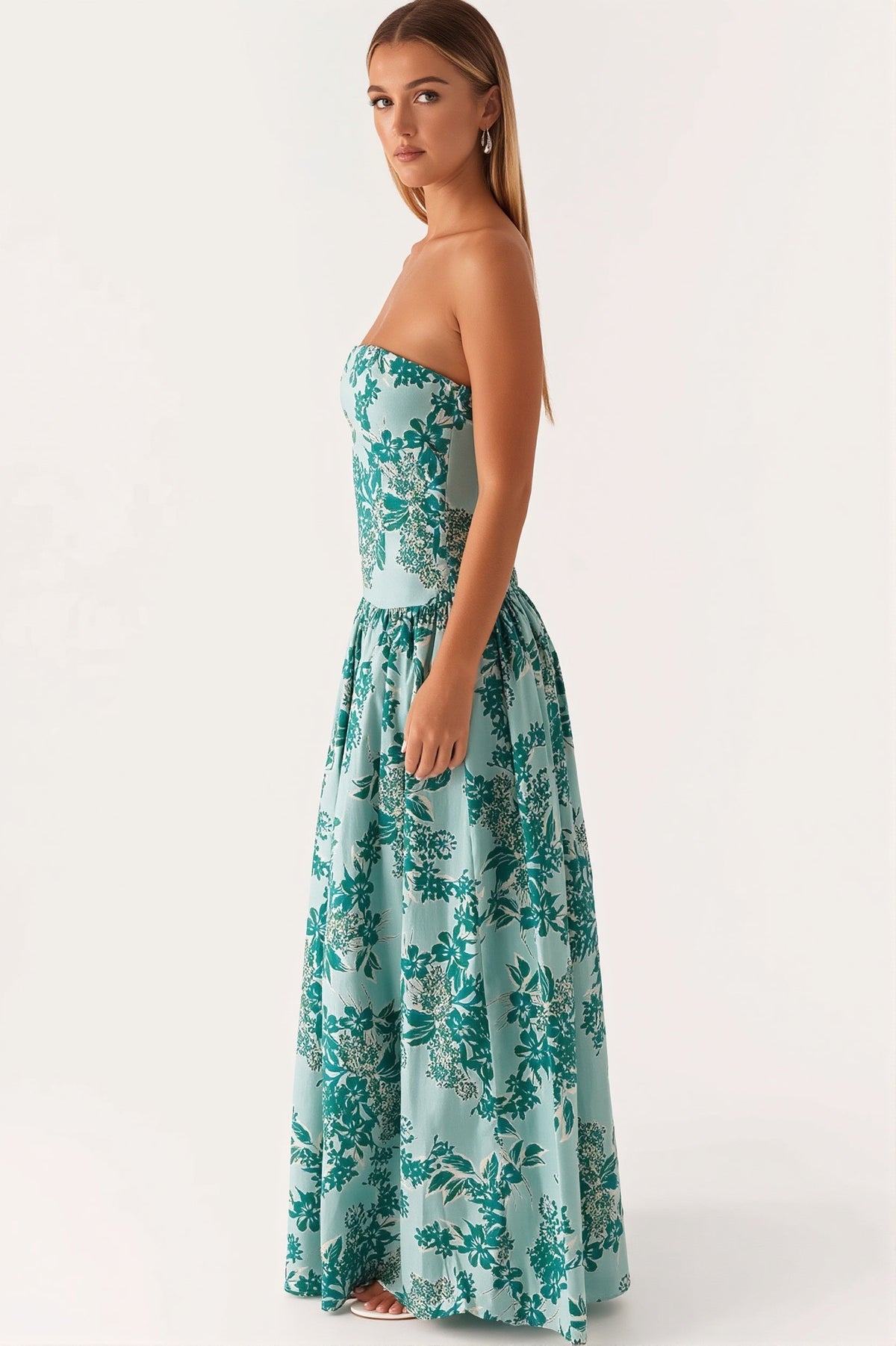 Floral Strapless Drop Waist A-Line Maxi Dress