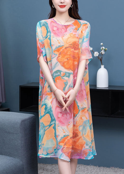 Abstract Marble Print Round Neck Butterfly Shift Midi Dress