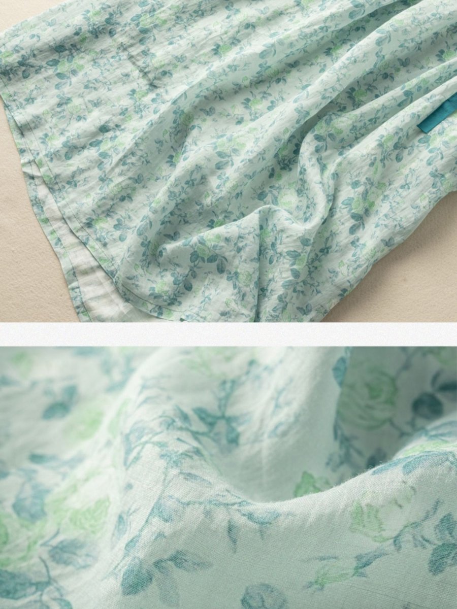 Botanical Floral Print V-Neck Piping Trim A-Line Midi Dress - View 3
