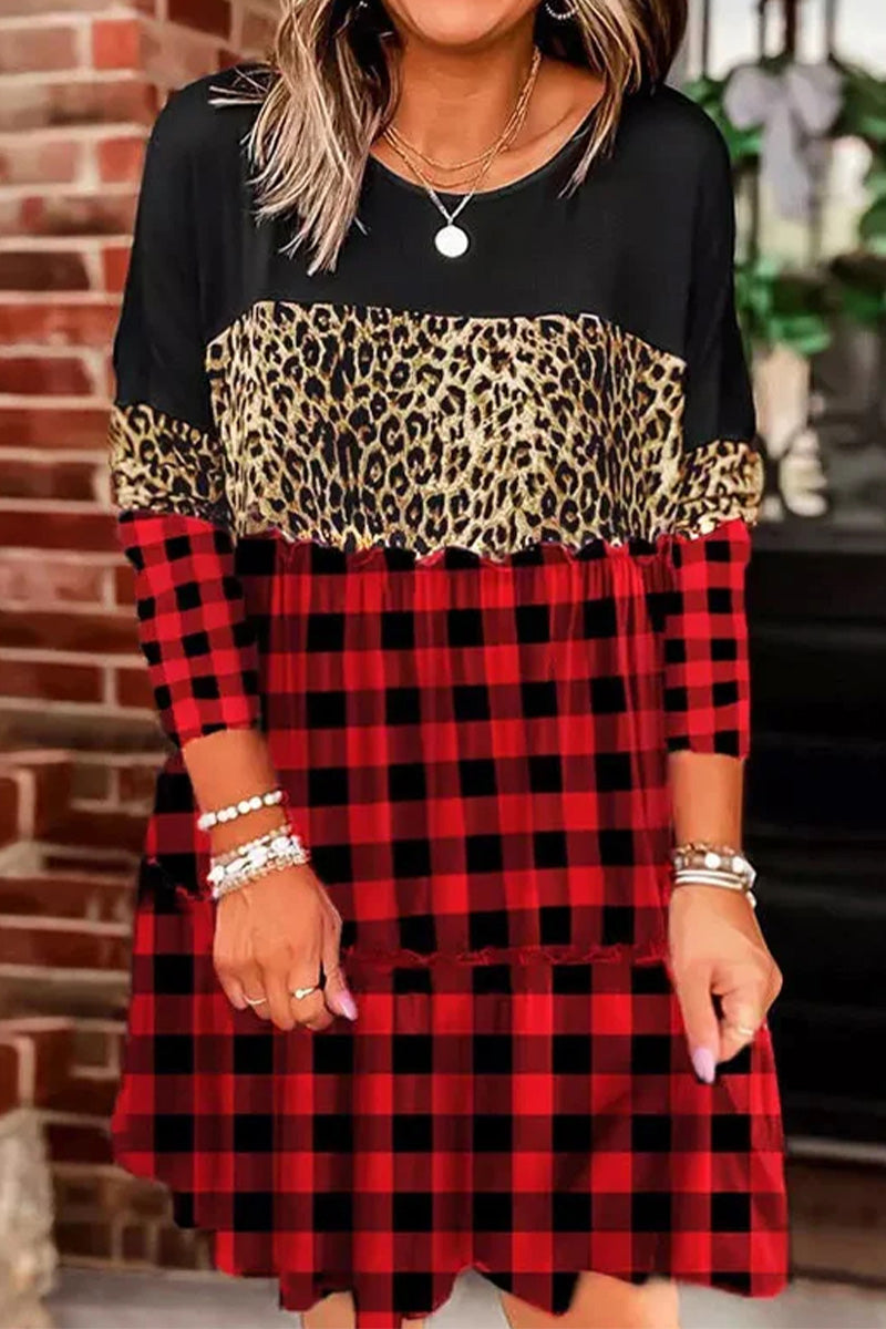 Leopard Buffalo Check Ruffle Dress  Fashionpara