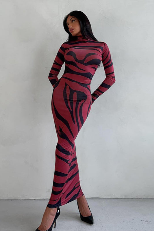 Animal Print High Neck Long Sleeve Bodycon Maxi Dress