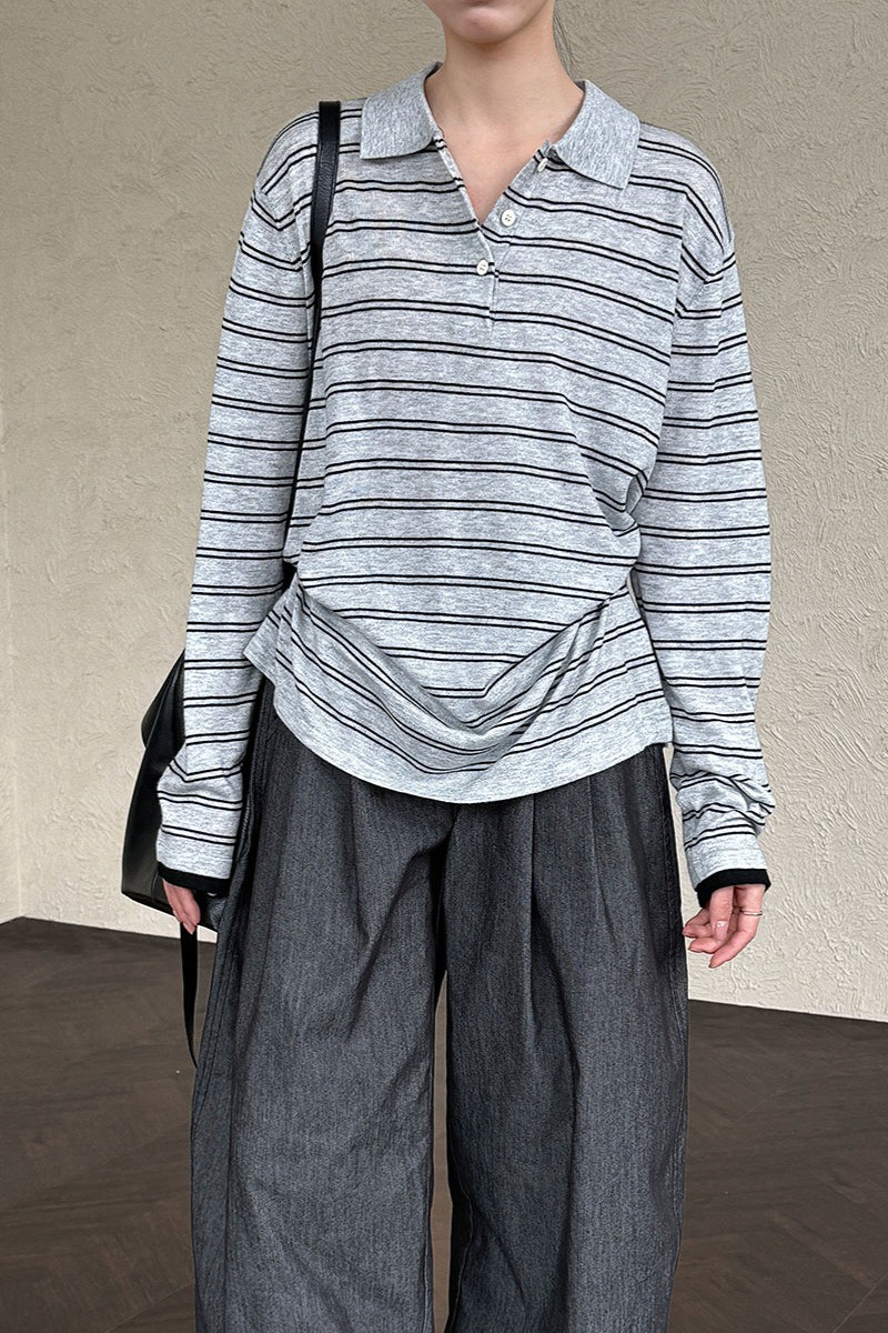 Soft Wool Striped Polo Collar Long Sleeve Blouse