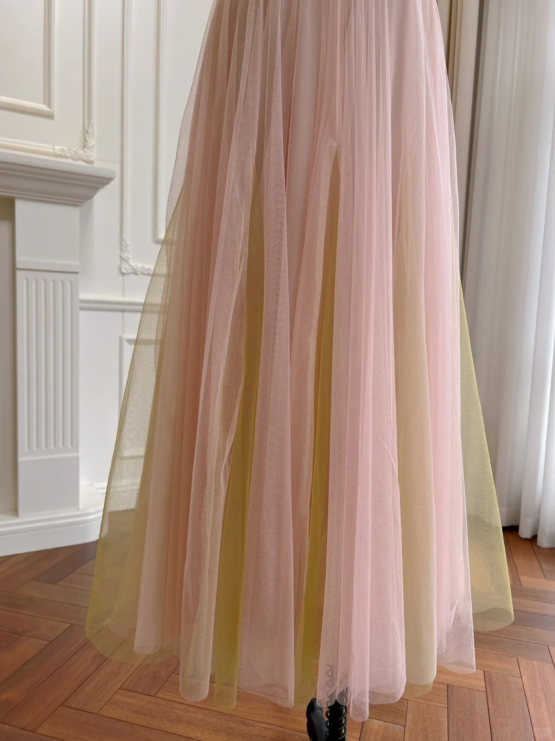 Sweet Pink A-line Suspenders Sequined Tulle Long Prom Dress Evening Dress Bridesmaid Dress P4049