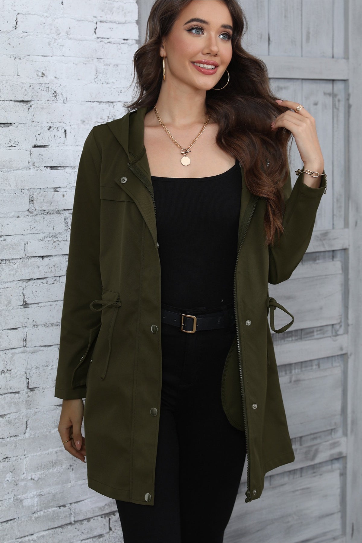 Hooded Mid-Length Waist-Tied Trench Coat