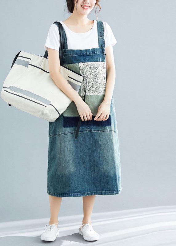 Denim Lace Patchwork Bib Strap Pinafore Midi Dress - View 2