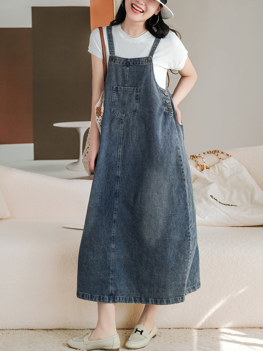 Denim Bib Front Overall Strap Pocket A-Line Maxi Jumper Dress