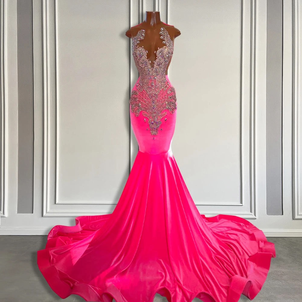 Gorgeous Pink Barbie Sleeveless Velvet Mermaid Style Dress with Beads - Fashionpara