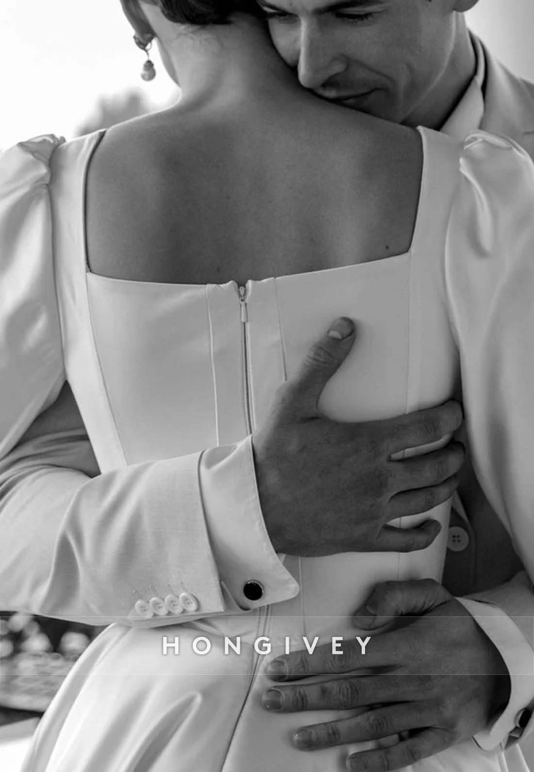 Pleated Square Court Train A-line Long Sleeve Vintage Wedding Dress