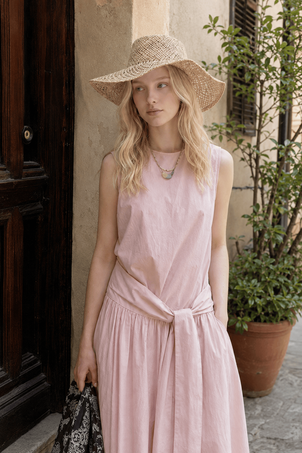 Sleeveless Drop-Waist Tie-Front Tiered Maxi Dress