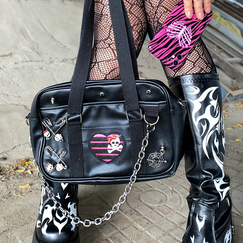 Y2K Skeleton Head Metal Punk Single Shoulder Gothic Student Uniform Bag Black Halloween