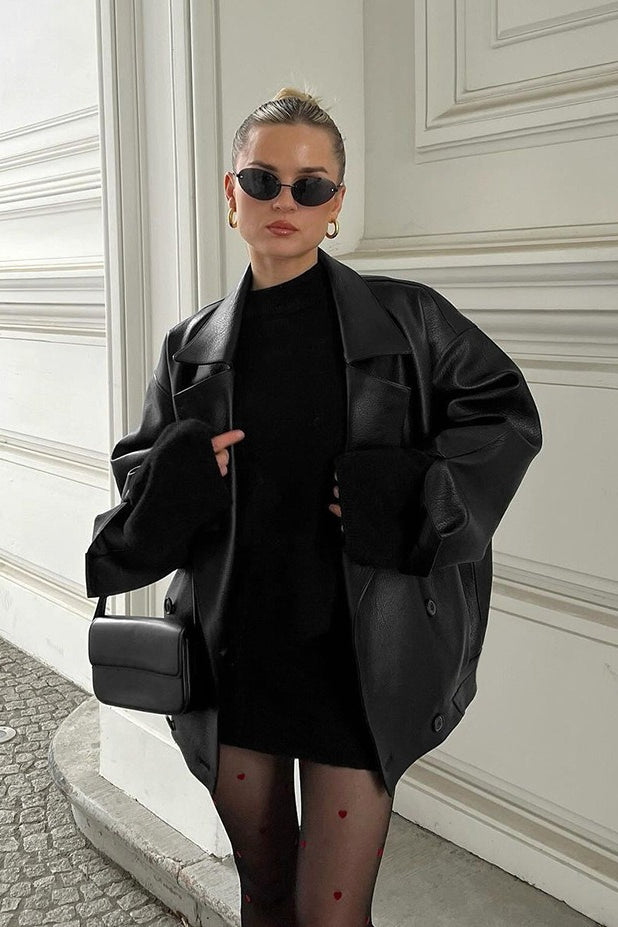 Relaxed Double Breasted Faux Leather Blazer