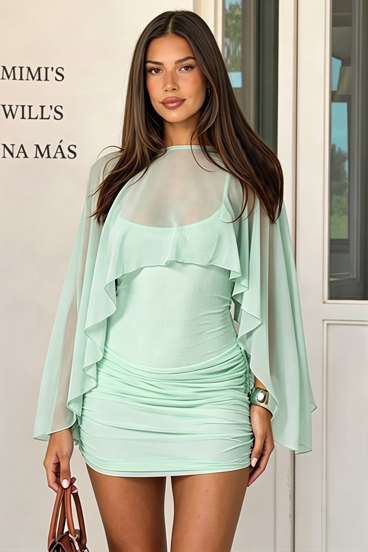 Mesh Cape Sleeve Ruched Bodycon Mini Dress