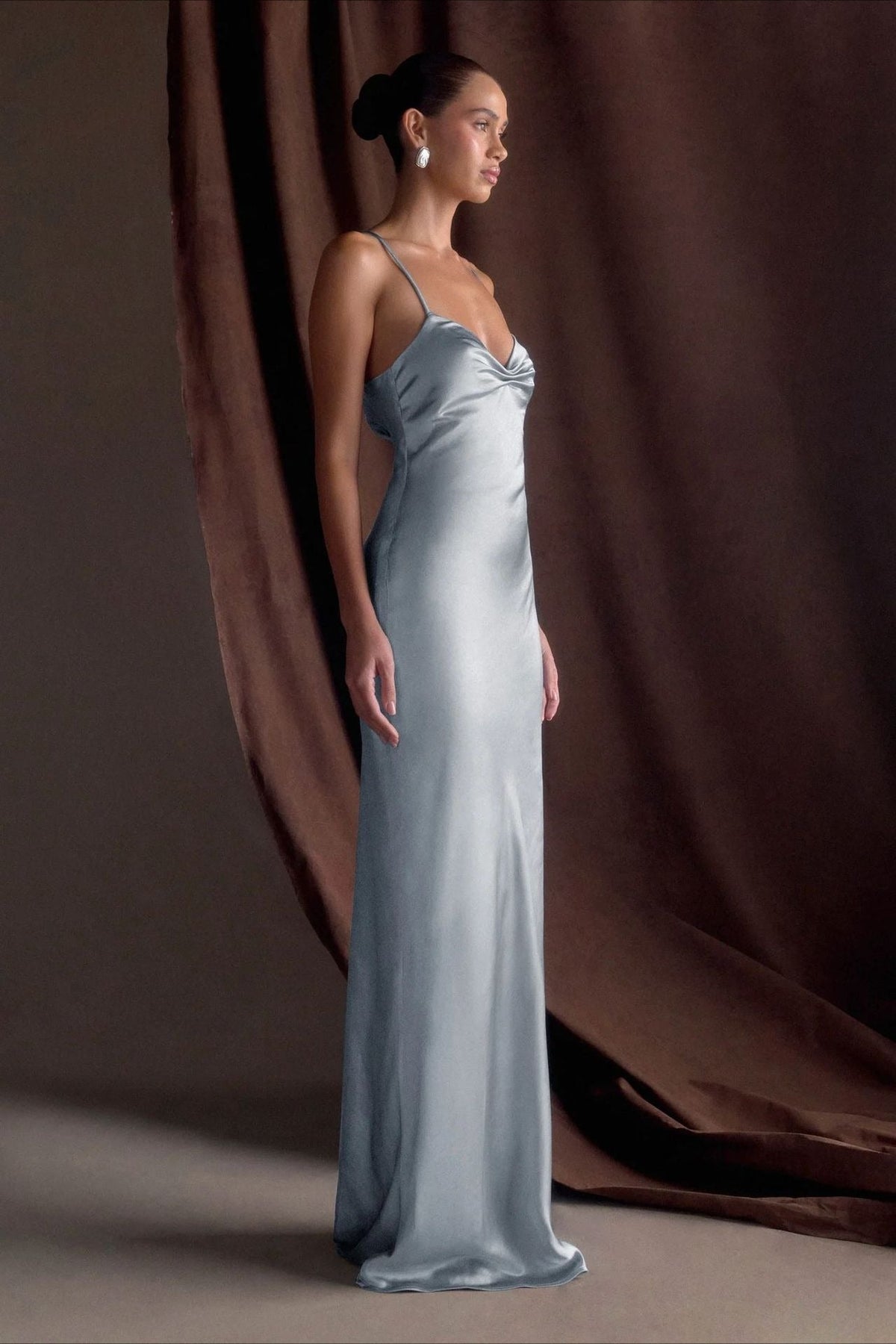Satin Deep V-Neck Spaghetti Strap Ruched Bust Column Maxi Gown - View 4